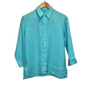 Classics By Liz Claiborne Blue Button Down Shirt 100% Linen Size Small